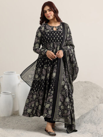 Black Printed Cotton Anarkali Suit With Dupatta