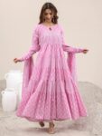 Pink Printed Cotton Anarkali Suit With