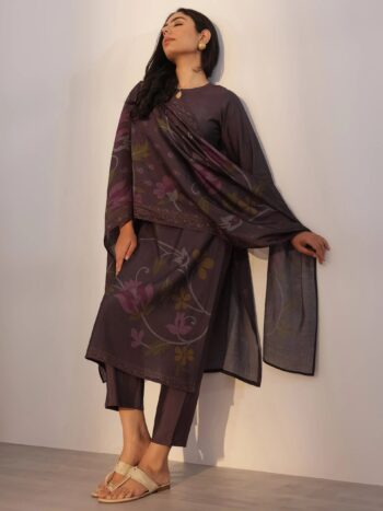 Grey Printed Silk Blend Straight Suit With Bottom