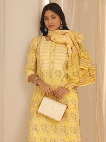 Yellow Printed Cotton Straight Suit With Bottom