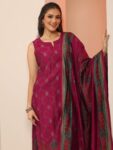Magenta Printed Silk Blend Straight Suit
