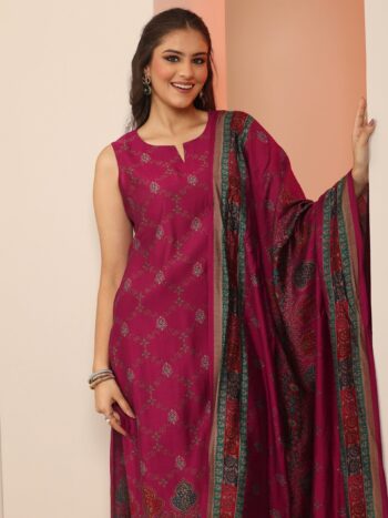 Magenta Printed Silk Blend Straight Suit