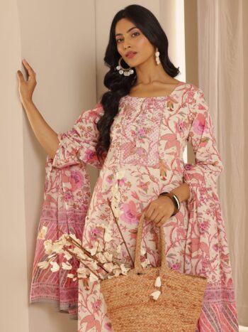 Pink Printed Cotton Straight Suit With