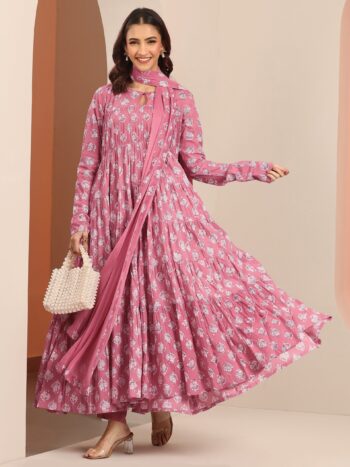 Mauve Printed Cotton Anarkali Suit Set