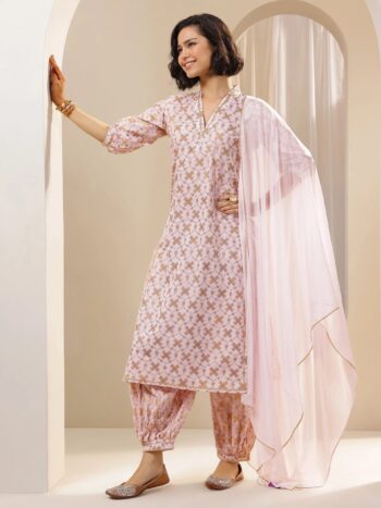 Pink Printed Cotton Straight Suit Sets