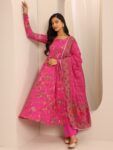 Pink Printed Cotton Blend Anarkali Suit With Dupatta