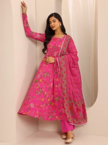 Pink Printed Cotton Blend Anarkali Suit With Dupatta