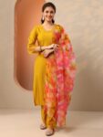 Mustard Woven Design Silk Blend Straight