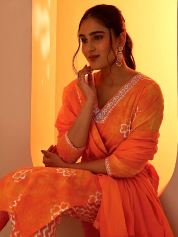 Orange Printed Cotton Straight Suit Set