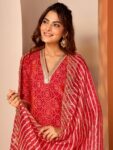 Red Printed Silk Blend Straight Suit Set