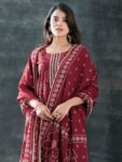 Maroon Printed Cotton Straight Suit Set