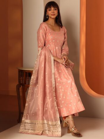 Peach Woven Design Silk Blend Anarkali