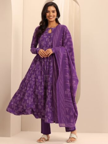 Purple Printed Cotton Anarkali Suit Set