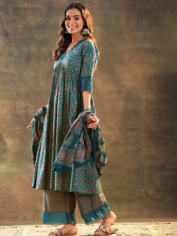 Teal Printed Cotton Anarkali Suit Set With Bottom