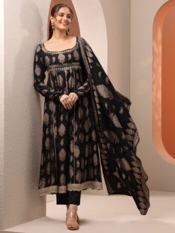 Black Printed Silk Blend Anarkali Suit