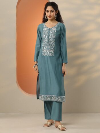 Blue Embroidered Silk Blend Straight Kurti
