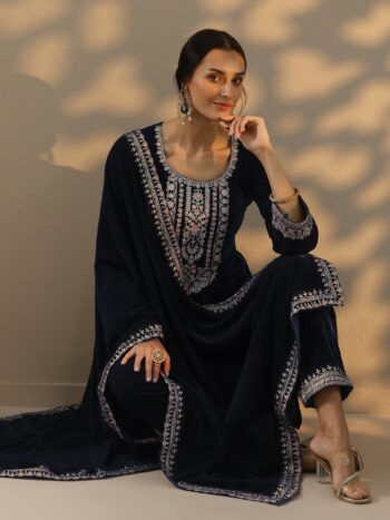 Blue Embroidered Velvet Straight Suit Suite