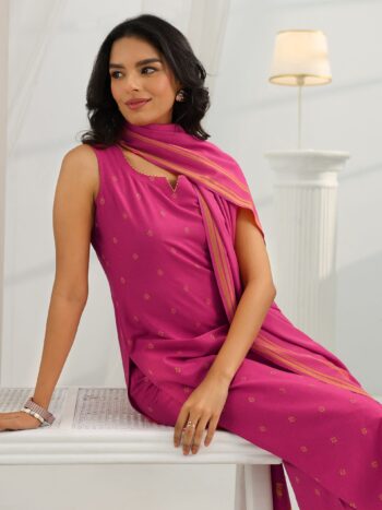 Pink Woven Design Cotton Blend Straight