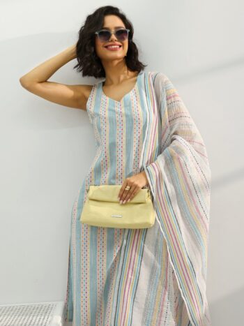 Blue Woven Design Cotton Blend Straight