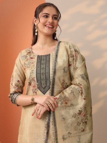 Beige Printed Silk Blend Straight Suit