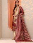 Beige Printed Silk Blend Straight Suit