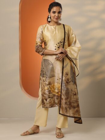 Beige Printed Silk Blend Straight Suit