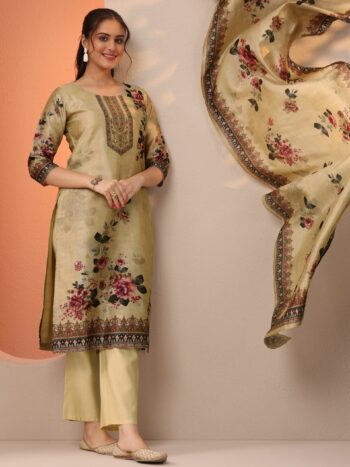 Beige Printed Silk Blend Straight Suit