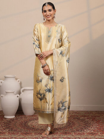 Beige Printed Silk Blend Straight Suit