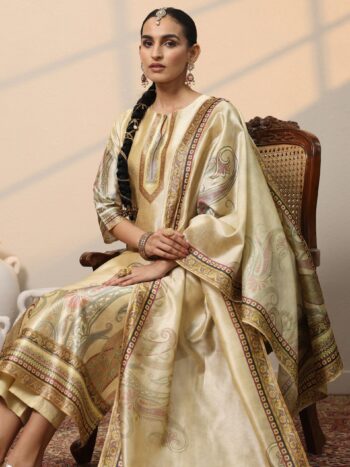 Beige Printed Silk Blend Straight Suit