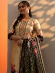 Beige Printed Silk Blend Straight Suit