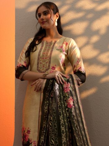 Beige Printed Silk Blend Straight Suit