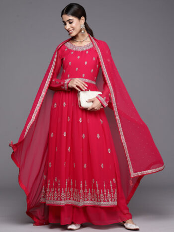 Hot Pink Embroidered Georgette A-Line Kurti