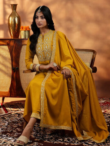 Mustard Yoke Design Silk Blend A-Line Kurti