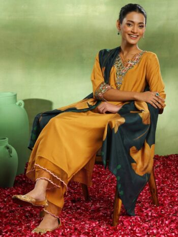 Mustard Yoke Design Muslin Straight Suit