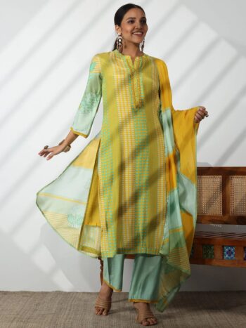 Yellow Printed Cotton Blend Straight Suite