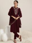 Maroon Yoke Design Wool Blend Straight