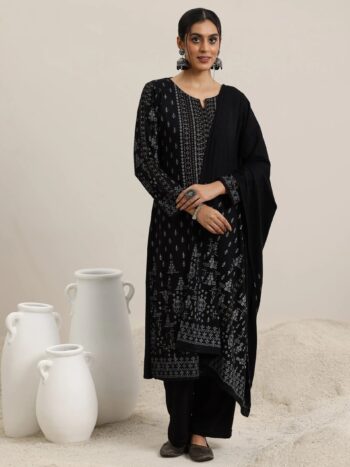 Black Woven Design Wool Blend Straight