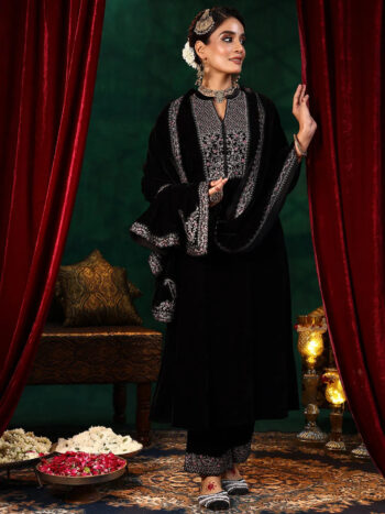 Black Yoke Design Velvet Straight Suit