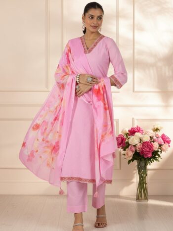 Pink Embroidered Cotton Straight Suit With Bottom