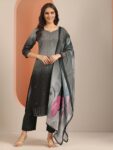 Grey Self Design Muslin Straight Suit With Bottom