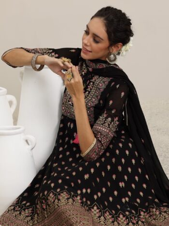 Black Printed Georgette Anarkali Suit With Bottom