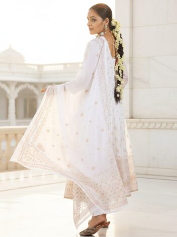 Off White Printed Organza Anarkali Suit With Dupatta