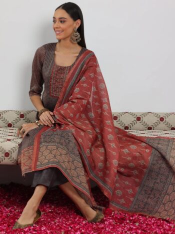 Grey Printed Silk Blend Straight Suit With Bottom