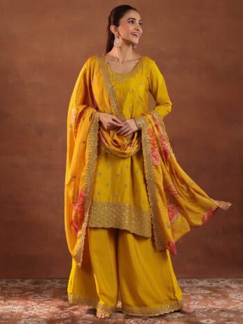 Mustard Embroidered Silk Blend Straight