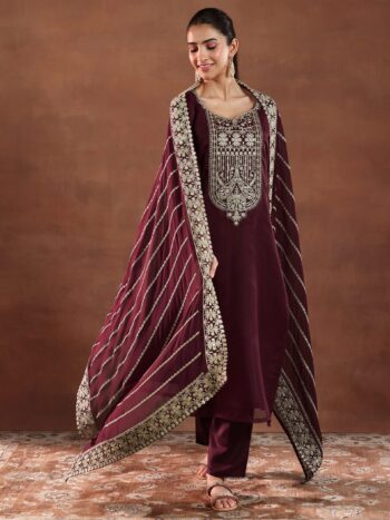 Maroon Yoke Design Organza Straight Suit