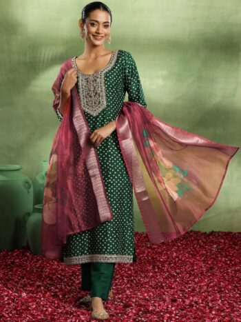 Green Printed Silk Blend Straight Suit