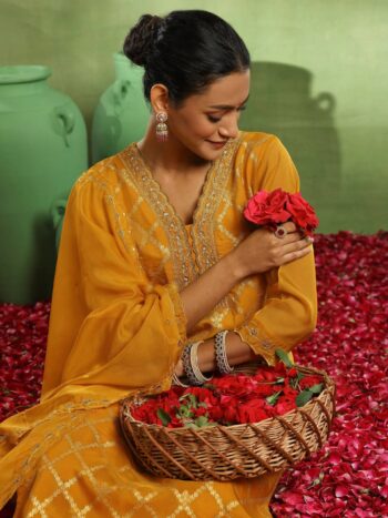 Yellow Woven Design Organza Straight Suite