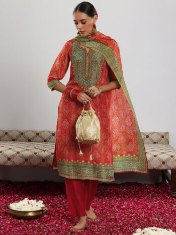 Orange Printed Silk Blend Straight Suit With Dupatta