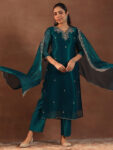 Teal Yoke Design Tissue Straight Suit With Bottom