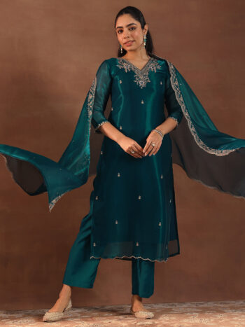 Teal Yoke Design Tissue Straight Suit With Bottom